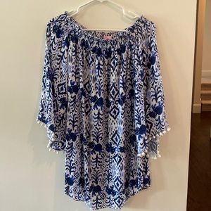 Lily Pulitzer batik print blue off the shoulder dress, size XS